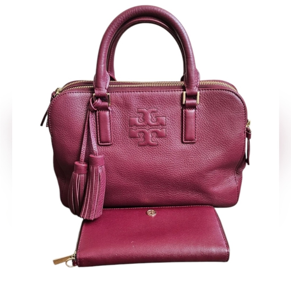Tory Burch Burgundy Leather Satchel and Wallet Set